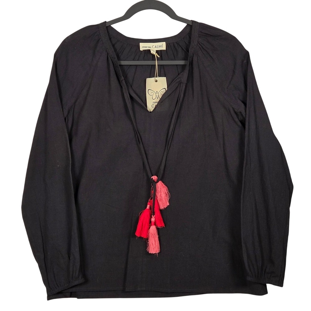 Johnny Was NEW Women XS Double Tassel Peasant Blouse Black V Neck Boho Beach